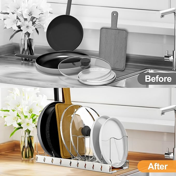 FLSEPAMB Pan Organizer - Adjustable Lid Organizer for Kitchen, Heavy Duty Pot Lid Organizer, Under Sink, Drawer, Pantry Storage - Image 3