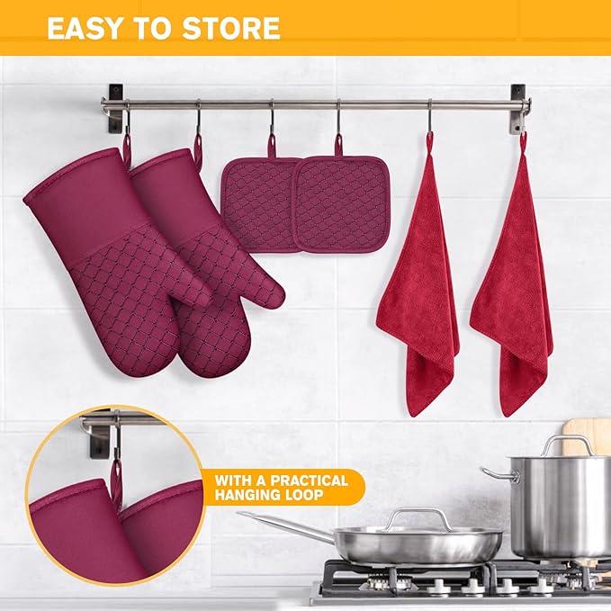 6 Pcs Oven Mitts and Pot Holders, 500℉ Heat Resistant Oven Mitts with Kitchen Towels Soft Cotton Lining and Non-Slip Silicone Surface Safe for Baking, Cooking, BBQ (Red) - Image 6