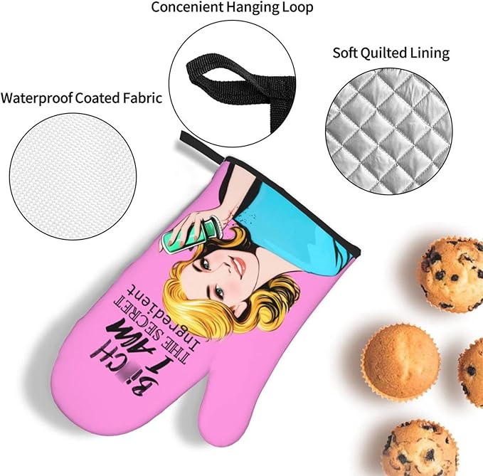 Funny Oven Mitts and Pot Holders Sets, Cute Pink Heat Resistant Oven Gloves and Hot Pads for Baking Cooking Grilling BBQ, Funny Kitchen Baking Gifts for Baker Chef Women