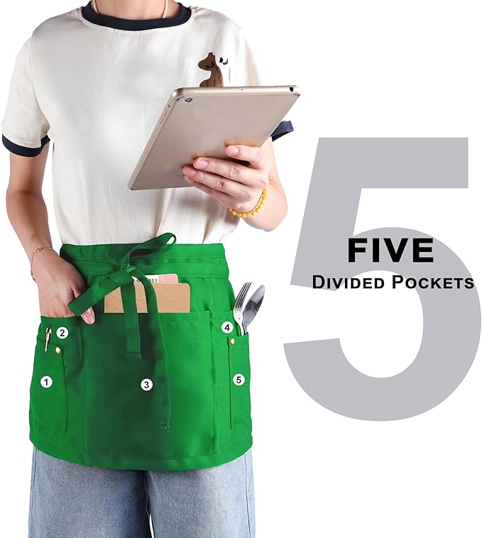 Server Apron with 5 Pockets - Rivet buckle Unisex Short/Half Waiter Waist Short Apron