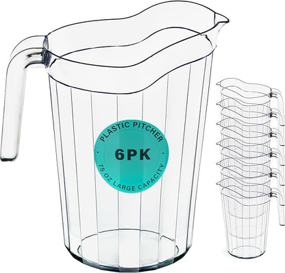 DecorRack 6 Pack - 75 oz Polycarbonate Plastic Pitcher Beverage Dispenser with Pour Spout Shatterproof Catering and Restaurant Serveware for Cold Drinks, Water, Lemonade, Beer, and Sangria (6 Pack) by DecorRack