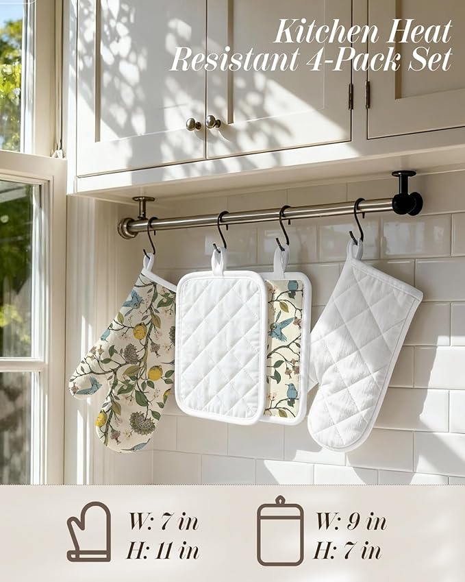Miss Adola Cotton Oven Mitts and Pot Holders Sets - Quilted Lining Heat Resistant 4 Pieces Set with Hanging Loop Cute Farmhouse Boho Spring Kitchen Decor and Accessories, Lemon Bird - Image 4