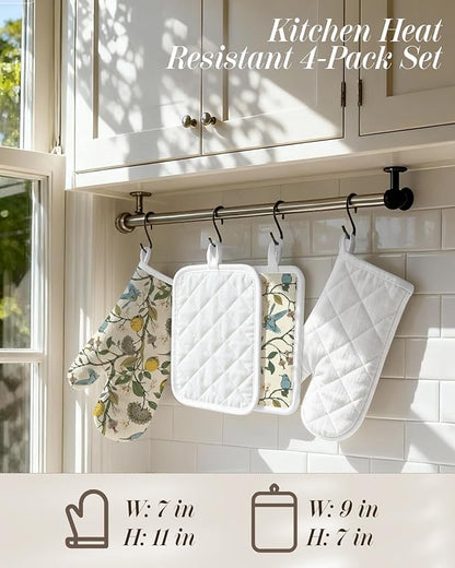 Miss Adola Cotton Oven Mitts and Pot Holders Sets - Quilted Lining Heat Resistant 4 Pieces Set with Hanging Loop Cute Farmhouse Boho Spring Kitchen Decor and Accessories, Lemon Bird - Image 4
