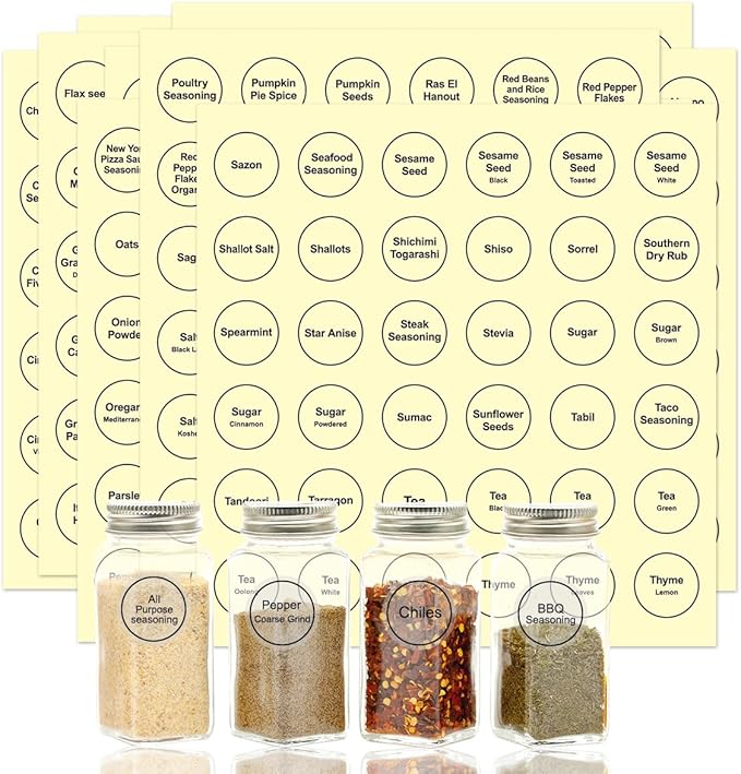 Spice Labels, 432Pcs Spice Labels Stickers 1.4in Waterproof Adhesive Round Preprinted Spice with Blank Label Black Tear Resistant Sticker for Kitchen Jars Caps Food Containers Organizers by LOPUROExquisiteAccessories