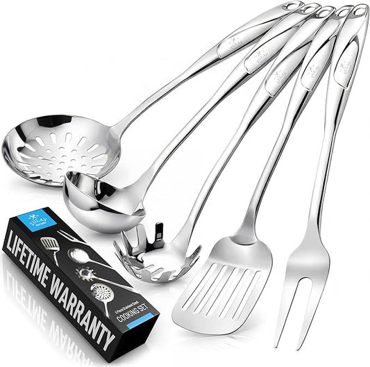 Zulay Kitchen Stainless Steel Cooking Utensil - Stainless Steel Kitchen Utensil - Durable Kitchen Gadgets - Metal Kitchen Accessories - Easy to Clean Kitchen Tools - 5 Piece Set