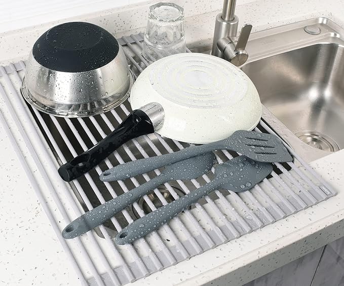 Surpahs 20.5 x 15.5 Inch Roll-Up Dish Drying Rack, Fits Across Sink Openings up to 19.5 Inches, Heavy-Duty Premium Silicone, Strong Support, Non-Slip, Heat-Resistant, Warm Gray - Image 3