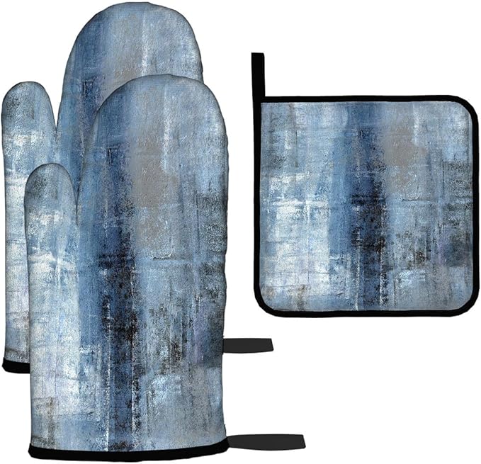 LOKMU Oven Mitts and Pot Holders Set of 3, Blue and Grey White Abstract Art Heat Resistant Kitchen Gloves Hot Pads for Cooking Baking BBQ, Kitchen Decor Gifts for Cooking Lover Cooks