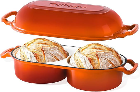 Cast Iron Bread Pan with Lid, Mini Enamel Sourdough Baking Dutch Oven Pot, Double Round Loaf Space for Homemade, Bread, Cake, Meatloaf, 16.5cm Diameter, 500°F Oven Safe, Non Stick, Orange