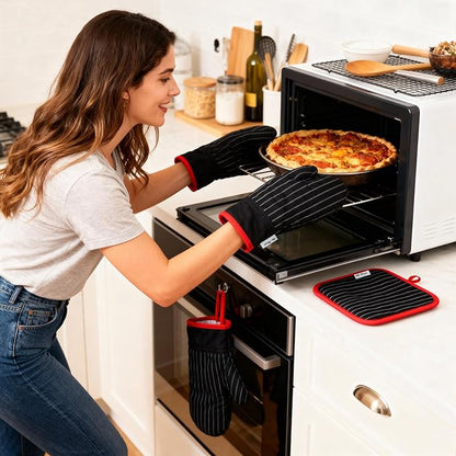 Oven Mitts and Pot Holders Sets,Oven Mitts and Potholders with Cotton High Heat Resistant Extra Thick Long Oven Mitts for Cooking 4 Pcs,Black Red - Image 5