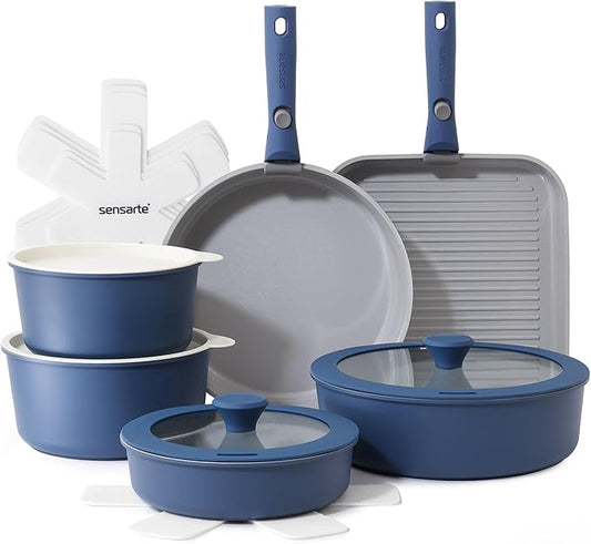 SENSARTE 17 Piece Ceramic Pots and Pans Set, Nonstick Detachable Handle Cookware, Induction Kitchen Cookware Set with Removable Handle, Dishwasher ＆ Oven Safe (Navy) by SENSARTE