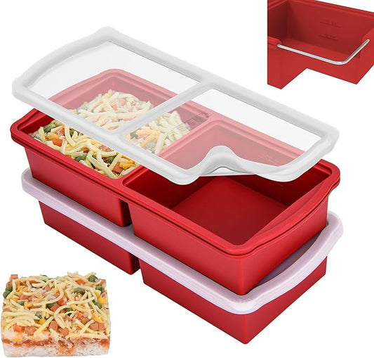 ZIP STANDING Silicone Freezer Trays with Lid,2-cup Soup Freezer Container large Ice Cube Molds with Reinforced Steel Ring Top for freezing Soup Sauce Broth Leftovers oven Dishwasher -Safe (red)