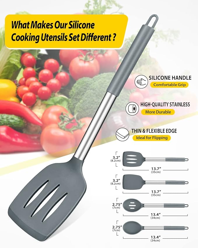 Pack of 4 Silicone Cooking Utensils Set, Non Stick Large Solid Spatulas, Heat Resistant Gray Slotted Spoons, Ideal BPA Free Kitchen Turners for Frying, Mixing,Serving,Draining,Turning,Stirring - Image 2