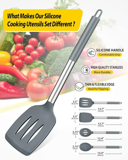 Pack of 4 Silicone Cooking Utensils Set, Non Stick Large Solid Spatulas, Heat Resistant Gray Slotted Spoons, Ideal BPA Free Kitchen Turners for Frying, Mixing,Serving,Draining,Turning,Stirring - Image 2