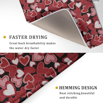 Valentines Day Dish Drying Mat for Kitchen Counter 24x18 Inch Love Drying Mat with Absorbent Reversible Microfiber Black Red Grey Heart Dish Drainer Mats Rack Pad for Coffee Countertop Protector