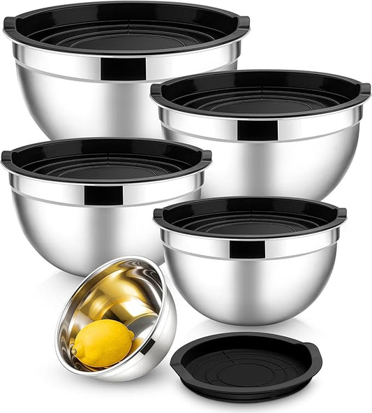 E-far Mixing Bowls With Lids Sets of 5, 10-Piece Stainless Steel Salad Metal Nesting Bowl for Baking Cooking and Prepping, Airtight Lid & Stackable Design, Size 4.6, 3, 2.1, 1.5, 0.7 QT, Black by E-far