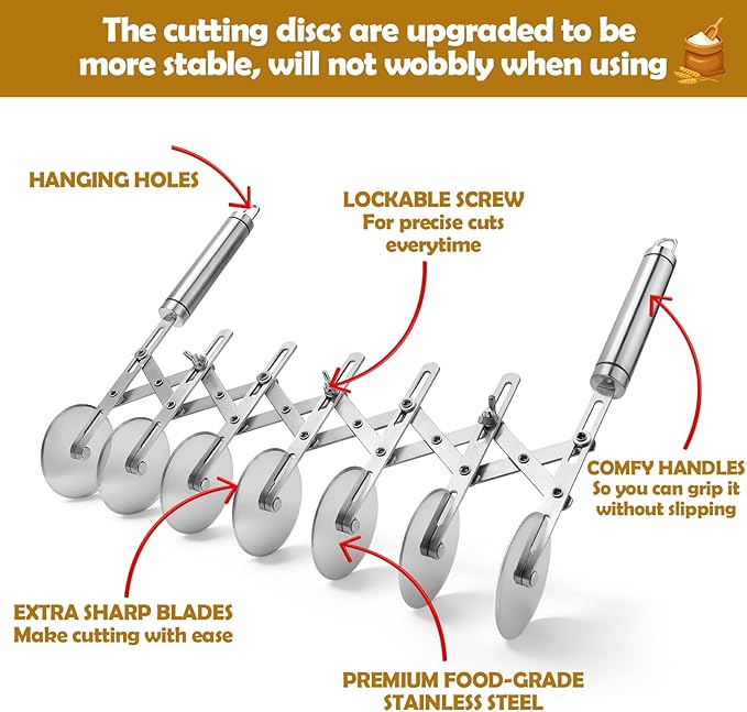 Juome 7 Wheel Pastry Cutter with Handle, Multi-Round Wheel Pasta Dough Cutter Roller Stainless Steel Pizza Slicer Accordion Pastry Knife Divider Tool - Image 5