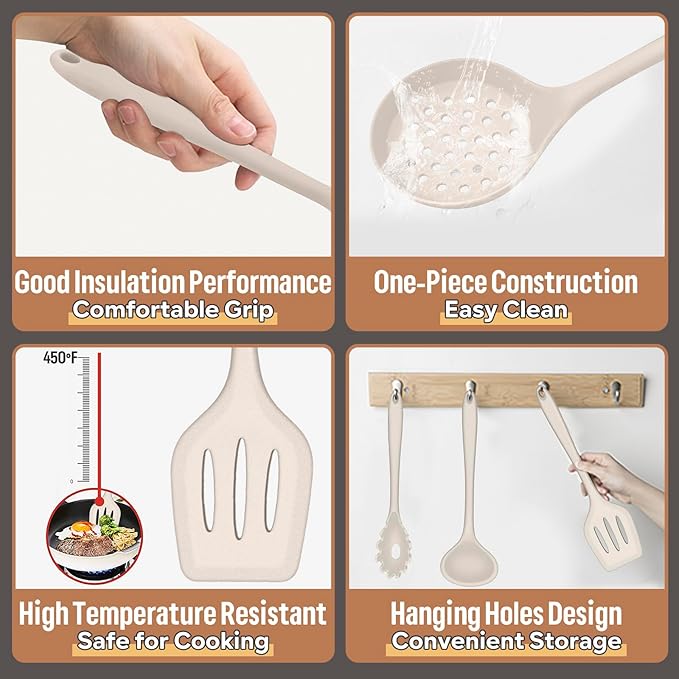 Silicone Kitchen Utensils Set, E-far 23 Pcs Khaki Cooking Utensils Tools with Holder for Nonstick Cookware, Include Spatula/Spoon/Ladle/Tongs/Turner, Heat Resistant & Nontoxic, Dishwasher Safe - Image 2