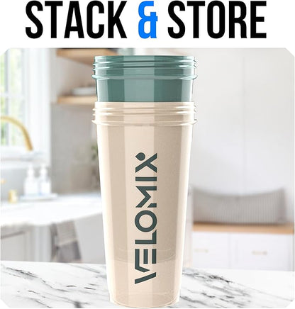 VELOMIX -2 Pack- 28 oz Protein Shaker Bottles for Protein Mixes - 2x Wire Whisk | Leak Proof Shaker Cups for Protein Shakes and Pre Workout | Protein Shaker Bottle Pack (A6) Blue/Beige