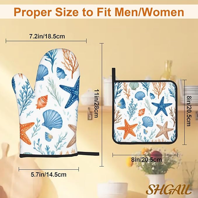 Starfish Shell Pattern Oven Gloves and Hot Pads Set - Heatproof Hand Protection for Baking, Grilling, Cooking 4Pcs