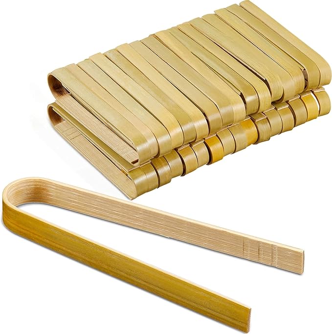 Patelai 90 Pieces Mini Bamboo Tongs Long Toast Tongs Disposable Wooden Cooking Bamboo Cooking Utensils for Toast Bread Pickles Tea Toaster Supplies (4 Inch) by Patelai