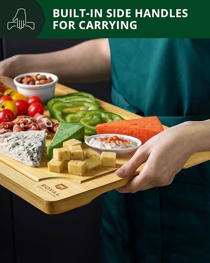ROYAL CRAFT WOOD Wooden Cutting Boards for Kitchen Meal Prep & Serving - Bamboo Wood Serving Board Set with Deep Juice Groove Side Handles - Charcuterie & Chopping Butcher Block for Meat - Image 6
