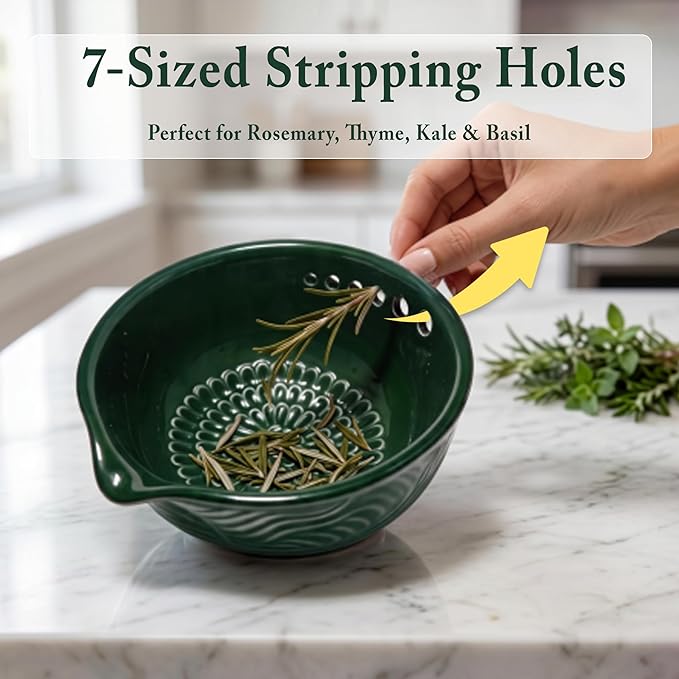 Ceramic Grater Bowl with Herb Stripper & Cleaning Brush, 3-in-1 Kitchen Tool for Garlic, Ginger & Vegetables, Easy to Clean Stripping Bowl for Kale, Rosemary, Thyme, and Basil, Dishwasher Safe-Green