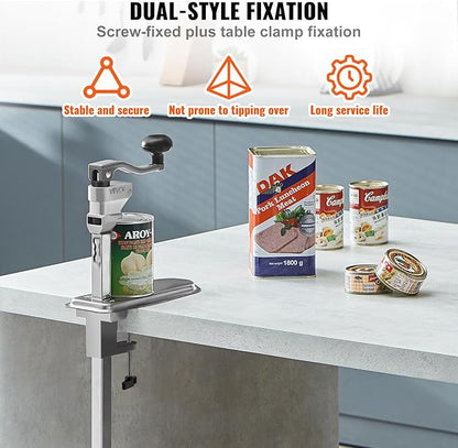 VEVOR Commercial Can Opener, Heavy-Duty Manual Tabletop Cans Opener for Cans Up to 11.8 in Height, Height-Adjustable Can Openers Fixed with Screws & Table Clamp, for Restaurant, Hotel, and Food Store