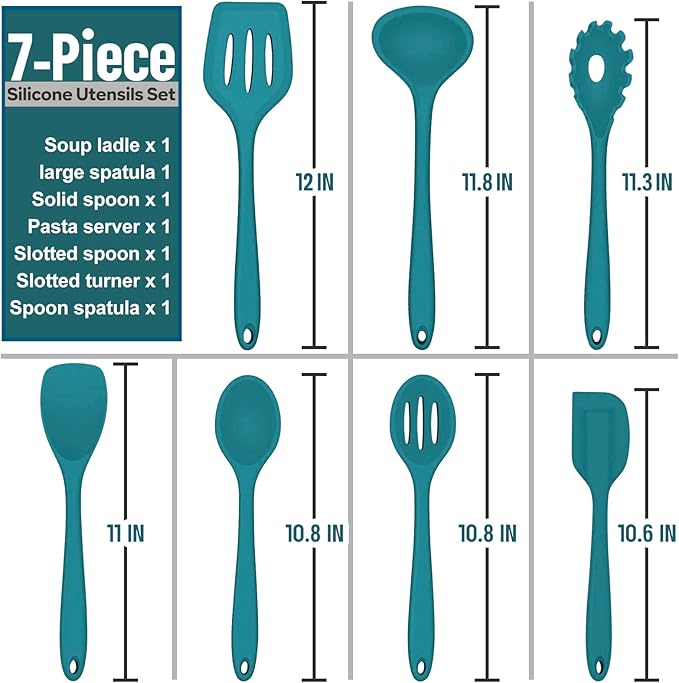 Silicone Cooking Utensils Set, E-far 7-Piece Blue Heat Resistant Kitchen Utensils Set, Kitchen Nonstick Tools Spatula Ladle Spoon Pasta Server for Non-stick Cookware, Non-Toxic & Dishwasher safe - Image 5