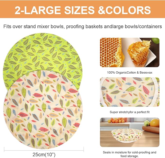 Reusable Bowl Covers for Bread Proofing（2 Large）- Cotton Beeswax Bowl Covers Reusable with Elastic Rim, Sourdough Bowl Cover for Food Storage and Food Preservation (10INCH) (leaves)
