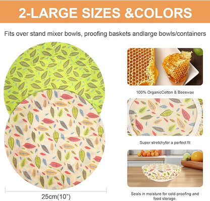 Reusable Bowl Covers for Bread Proofing（2 Large）- Cotton Beeswax Bowl Covers Reusable with Elastic Rim, Sourdough Bowl Cover for Food Storage and Food Preservation (10INCH) (leaves)