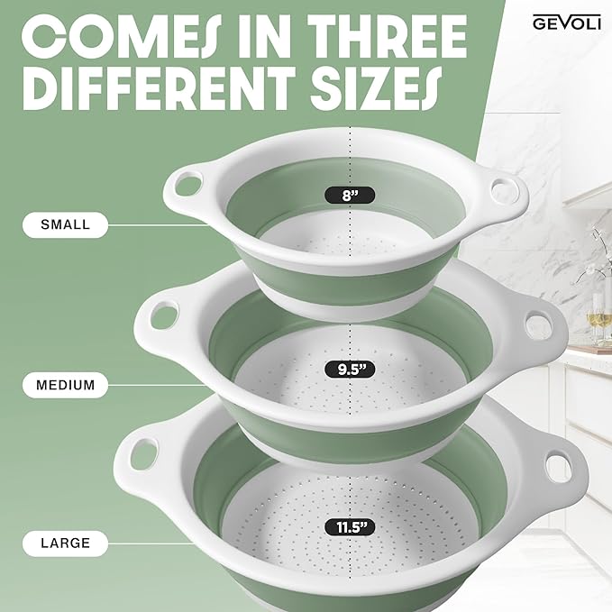 Gevoli Collapsible Colanders (3 Pack Set) Food Strainers with Over-Sink Water Draining Base for Pasta Fruits and Vegetables, White/Sage (3 Sizes, 3QT, 4QT and 5 Quart) - Image 4