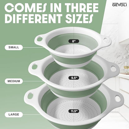 Gevoli Collapsible Colanders (3 Pack Set) Food Strainers with Over-Sink Water Draining Base for Pasta Fruits and Vegetables, White/Sage (3 Sizes, 3QT, 4QT and 5 Quart) - Image 4