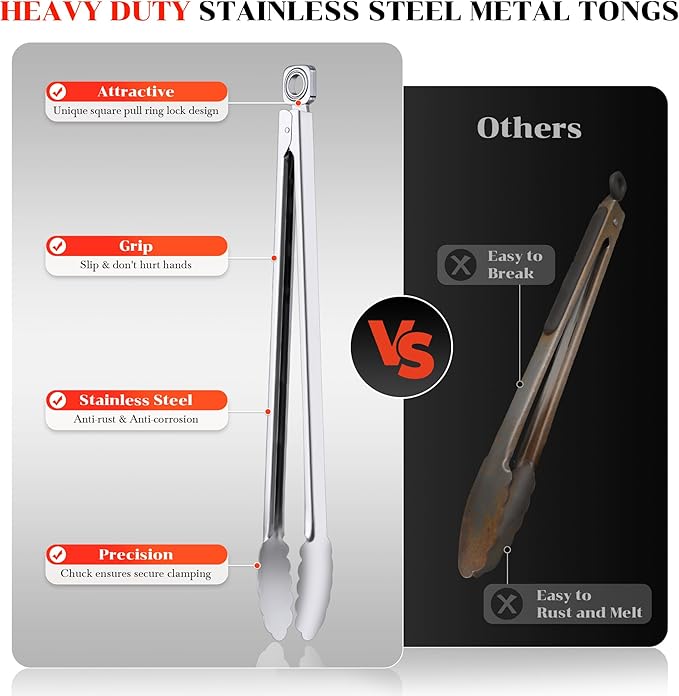 Grill Tongs - 12 Inch & 17 Inch Extra Long BBQ Tongs, Heat Resistant Stainless Steel Kitchen Tong, Heavy Duty Metal Locking Tong for Cooking, Grilling, BBQ/Barbecue, Food (All Metal - 12"+17")