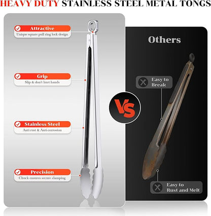 Grill Tongs - 12 Inch & 17 Inch Extra Long BBQ Tongs, Heat Resistant Stainless Steel Kitchen Tong, Heavy Duty Metal Locking Tong for Cooking, Grilling, BBQ/Barbecue, Food (All Metal - 12"+17")