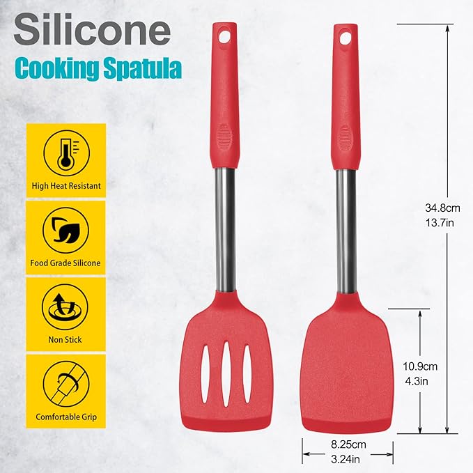 2 Pack Spatulas, Solid & Slotted Silicone Spatula Set, Stainless Steel Handle Coated with Silicone, Non Stick Turners, Heat Resistant Rubber Spatulas for Fish, Eggs, Pancakes, WOK, Red - Image 2