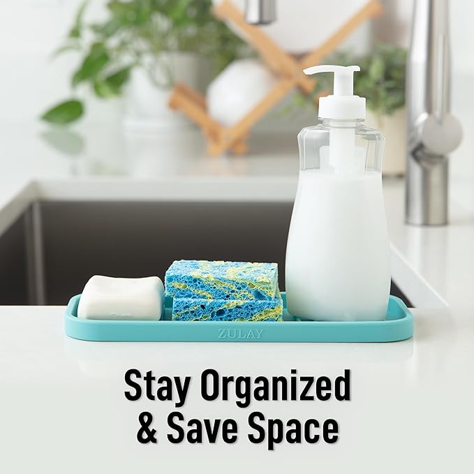 Zulay Kitchen (9x3.5) Silicone Sponge Holder for Kitchen Sink - Flexible Multipurpose Soap Tray Sponge Holder - Sink Organizer Tray for, Bathroom, Makeup, Trinkets & More (Aqua Sky) - Image 6