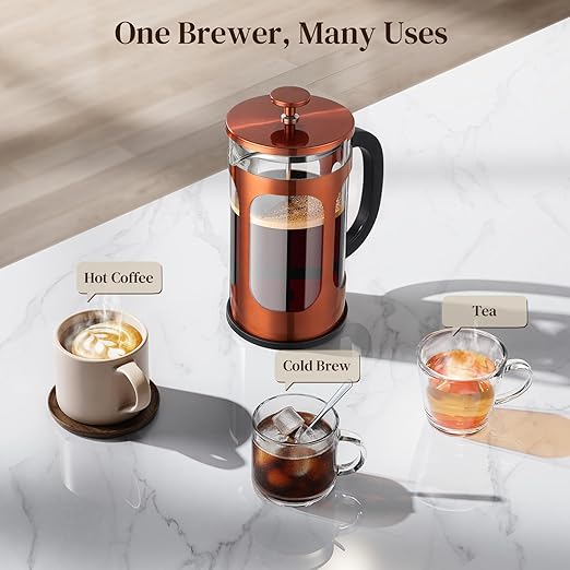 Veken French Press Coffee Maker 34oz 1 L, No Plastic Touching Cafe, Heat Resistant Thickened Borosilicate Glass, Stainless Steel Brewer, Cold Brew Cafetera Teapot for Kitchen Travel Camping, Copper - Image 9