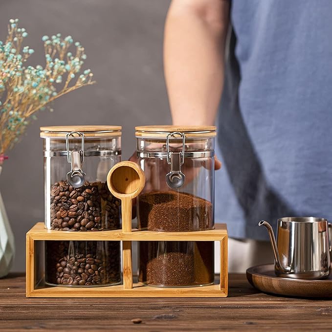 Yangbaga Ground Coffee Storage Container with Shelf, 2×45OZ Glass Coffee and Sugar Container Set, Coffee Canisters with Airtight Lids and Scoop, Food Storage Jars for Kitchen,Nuts,Tea,Sugar - Image 7