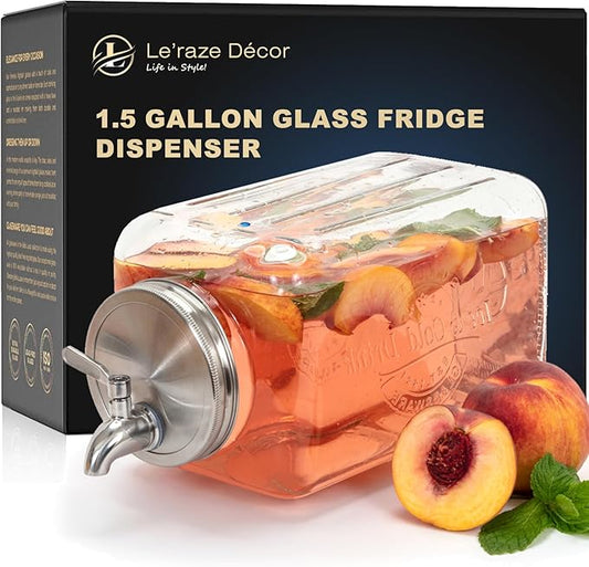 Le'raze 1.5-Gallon Glass Beverage Dispenser - Modern, Clear & Stainless Steel - Gravity Dispenser with Stainless Steel Spigot