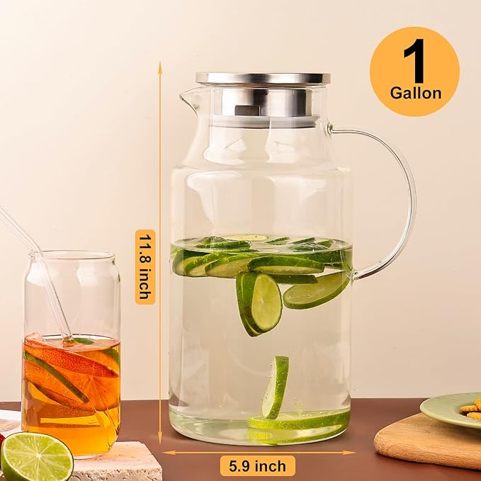 128oz Glass Pitcher with Lid,1 Gallon Glass Water Pitcher Hot/Cold Water Jug, 3.7LJuice and Iced Tea Beverage Carafe with Lid - Image 5