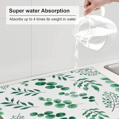 Watercolor Plant Green Leaves Dish Drying Mat for Kitchen Counter, 16"x18" Microfiber Absorbent Fast Dry Mat, 2Pcs Dish Mat Faucet Mats Sets, Large Drying Kitchen Mat Kitchen Drying Pad