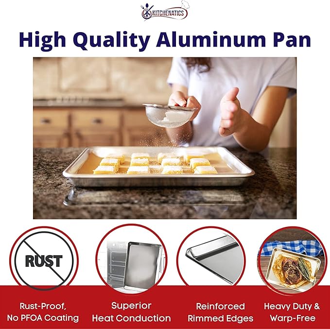 KITCHENATICS Quarter Sheet Baking Pans, 1060 Solid Aluminum Cookie Sheet Set - Oven Safe, Nonstick, Rimmed Cooking Trays, 1/4 Baking Sheets for Oven, Roasting, Baking - 9.6" x 13" IN, Set of 2