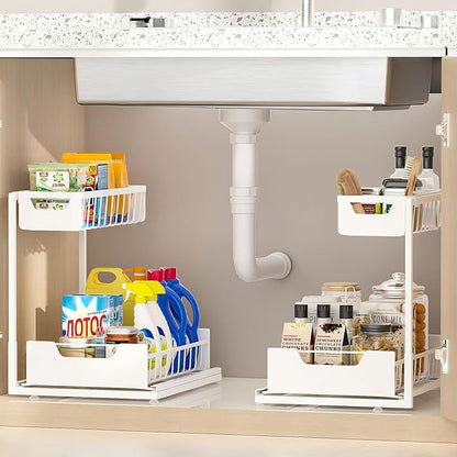 Ceetug Under Kitchen Sink Organizers and Storage Pull Out 2 Tier Metal Bathroom Cabinet Organizer (White, 2 Pack) by ceetug