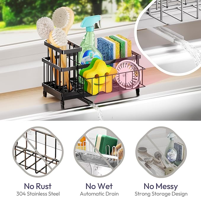 SWTYMIKI Sink Caddy Sponge Holder - Large Sponge Holder for Kitchen Sink with 360°Auto-Drain Tray, Rustproof Stainless Steel Kitchen Organizer Caddy for Countertop Organization - Image 7