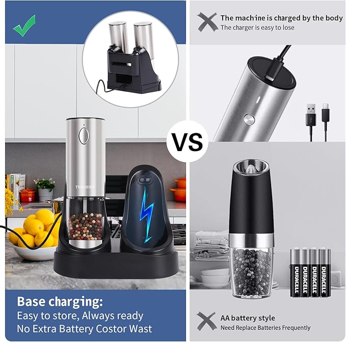 Stainless steel Electric Salt and Pepper Grinder Set,Large Capacity Automatic Pepper Mill Grinder with Upgraded Rechargeable Charge Base and LED Light,Adjustable Coarseness, Easy to clean