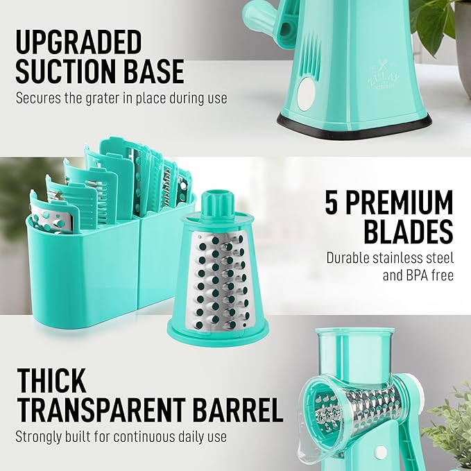 Zulay Kitchen Rotary Cheese Grater 5 Blade Cheese Shredder - Manual Hand Crank Cheese Grater With Reinforced Suction & 5 Interchangeable Drums - Easy to Use, Vegetable Chopper Round Mandoline Slicer - Image 7