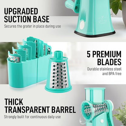 Zulay Kitchen Rotary Cheese Grater 5 Blade Cheese Shredder - Manual Hand Crank Cheese Grater With Reinforced Suction & 5 Interchangeable Drums - Easy to Use, Vegetable Chopper Round Mandoline Slicer - Image 7