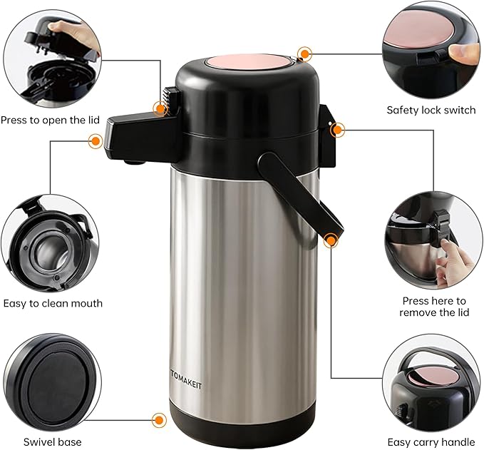 TOMAKEIT Airpot Coffee Carafe for Keeping Hot,102oz/3L Coffee Dispenser Thermal with Pump,Insulated Stainless Steel Hot Beverage Dispenser for Parties,Thermal Carafe for Hot Drinks Water Tea Chocolate - Image 3