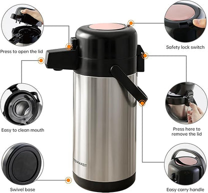 TOMAKEIT Airpot Coffee Carafe for Keeping Hot,102oz/3L Coffee Dispenser Thermal with Pump,Insulated Stainless Steel Hot Beverage Dispenser for Parties,Thermal Carafe for Hot Drinks Water Tea Chocolate - Image 3