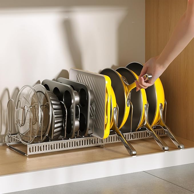 ORDORA Pots and Pans Organizer under Cabinet with Pan Holder: Expandable 11.8"-22.8" Kitchen Cabinet Organizer Rack, 12 Adjustable Dividers Storage for Cookie Sheets, Cutting Boards & Lid, Silver - Image 8
